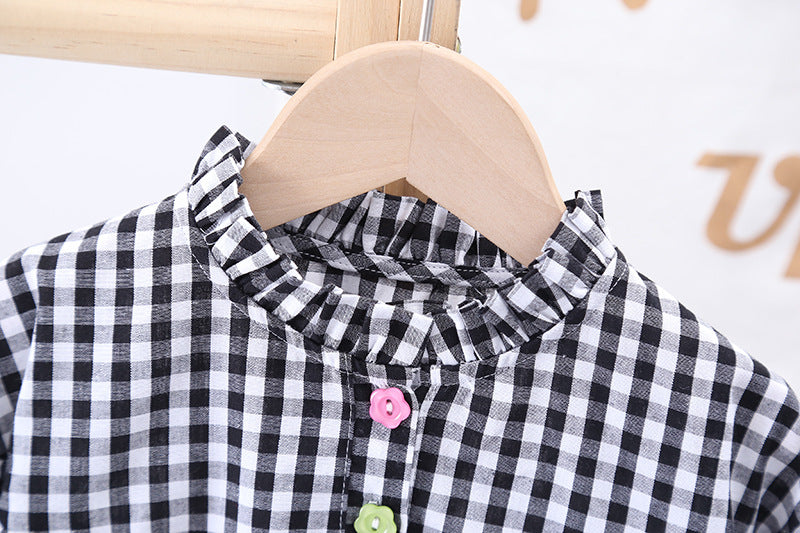 Baby Girl Plaid Pattern Colorful Buckle Patched Design Long Sleeves Loose Dress My Kids-USA