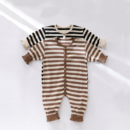 Baby Striped Pattern Waffle Knitted Design Long Sleeve Romper