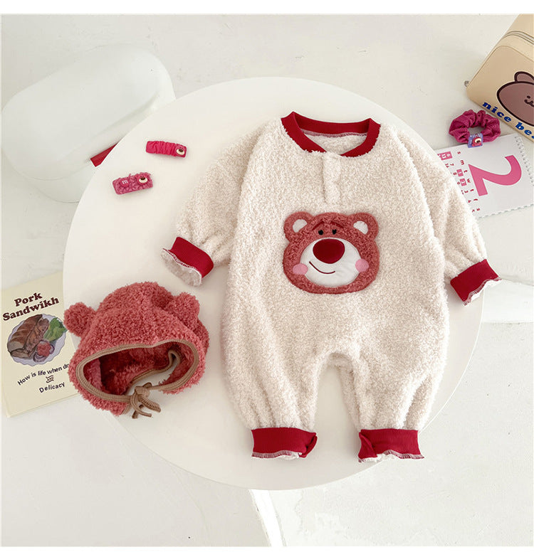 Baby Cartoon Patched Pattern Plush Warm Rompers My Kids-USA