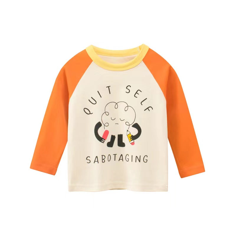 Baby Boys Girls Print Pattern Color Patchwork Design Round Neck Long Sleeved Tops In Spring