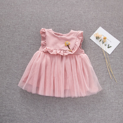 Baby Girl Solid Color Mesh Patchwork Design Sleeveless Patched Mesh Dress