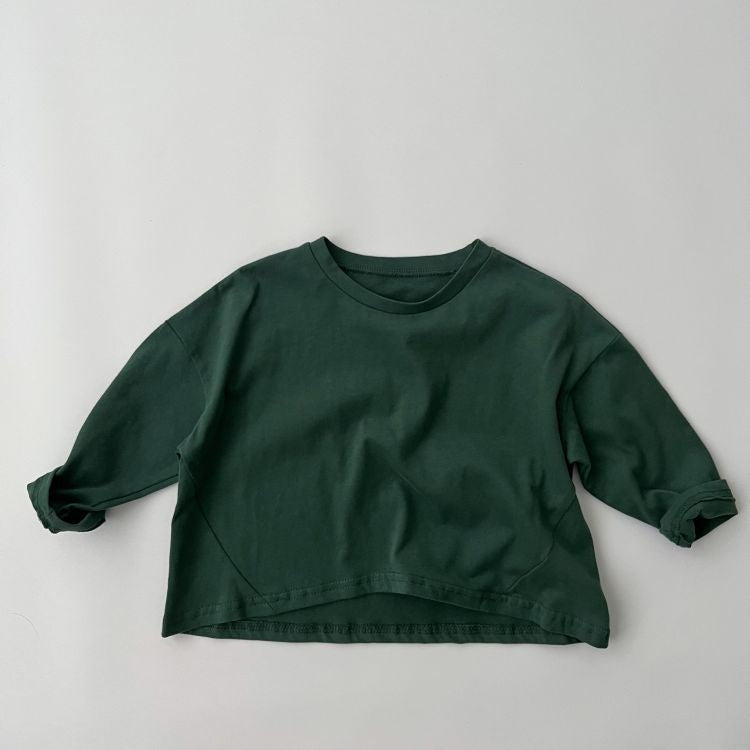Camisa básica de algodón suave de manga larga con cuello redondo de color liso para bebé 