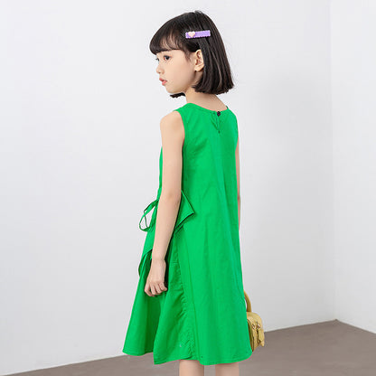 Girls Solid Green Round Neck Loose Casual Dress