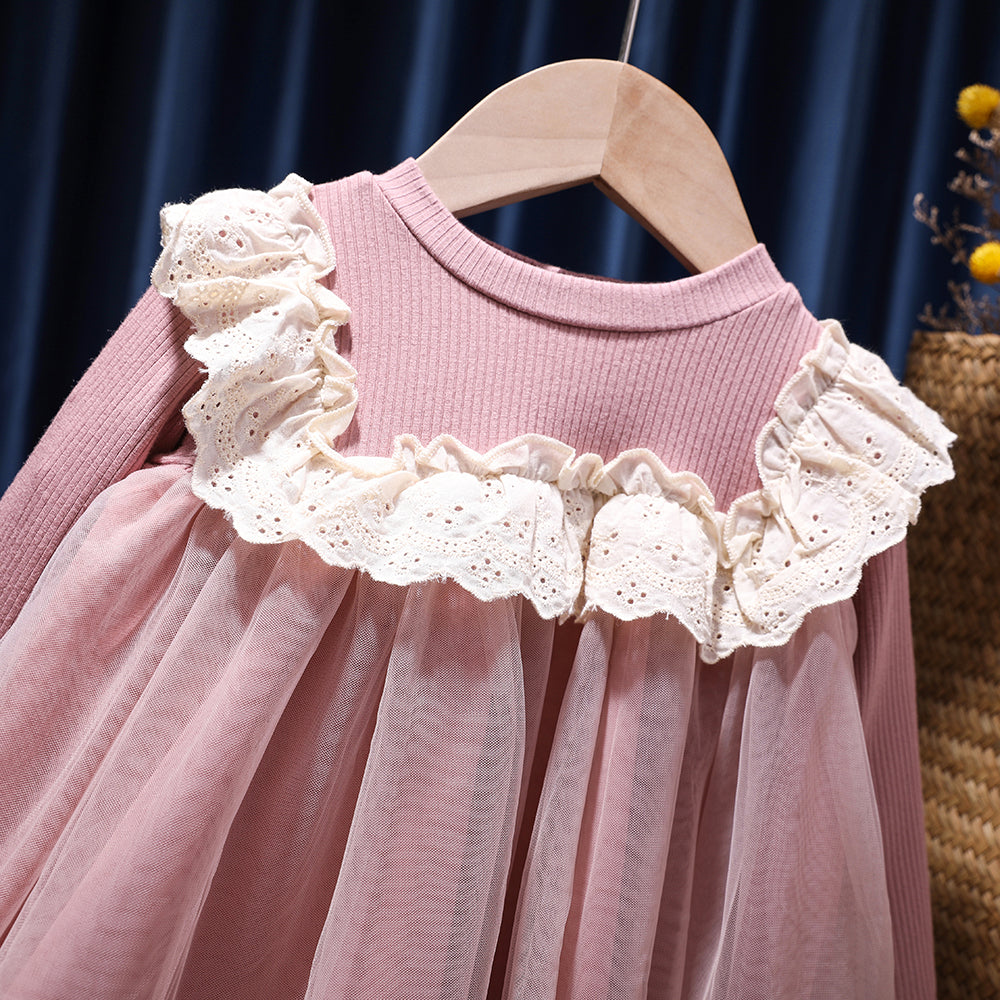 Baby Girl Solid Color Mesh Overlay Design Long Sleeves Princess Dress