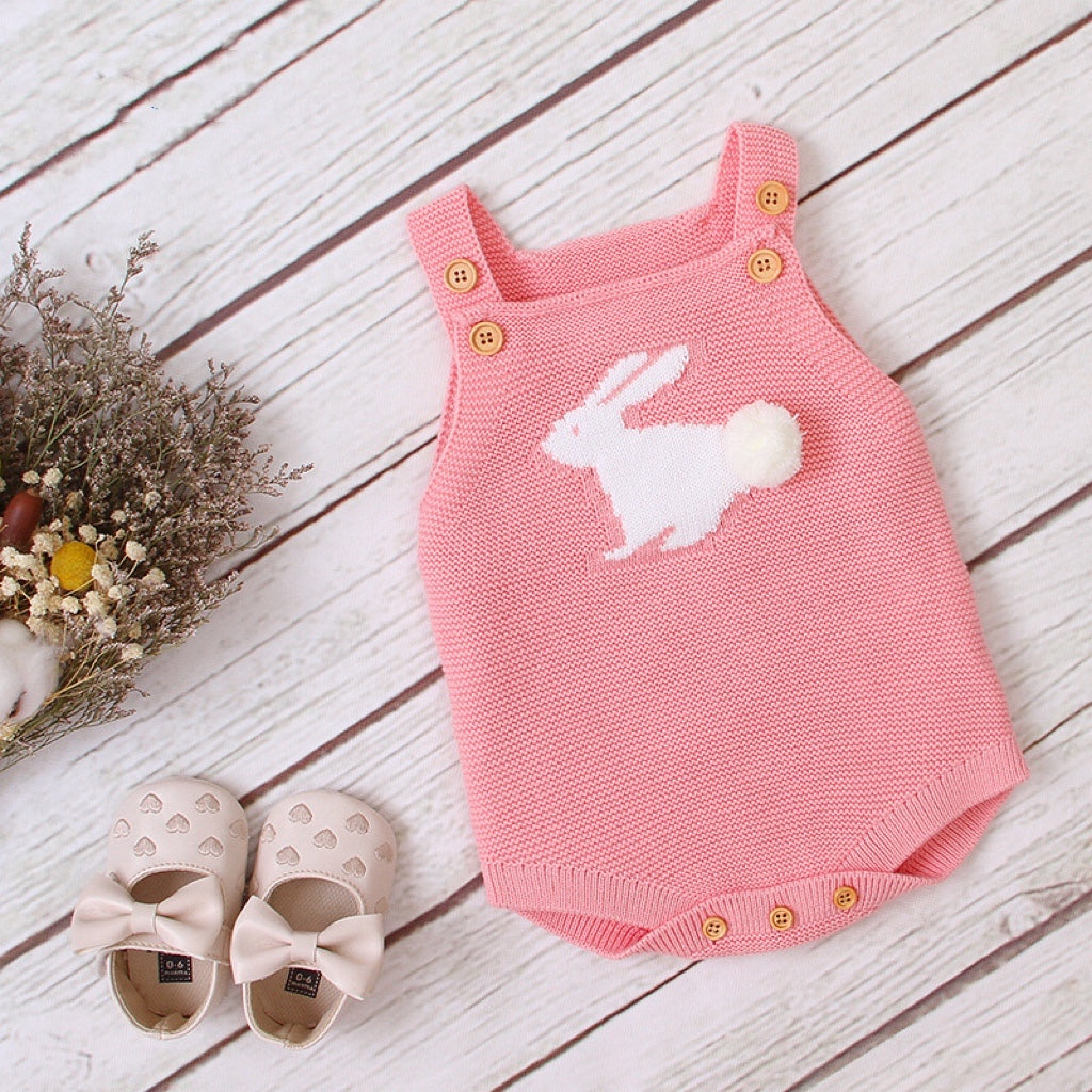 Baby Girl 1pcs 3D Bunny Embroidered Graphic Strap Knitted Onesies Bodysuit My Kids-USA
