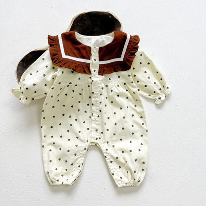 Baby Girl Heart Print Navy Collar Long-Sleeved Romper