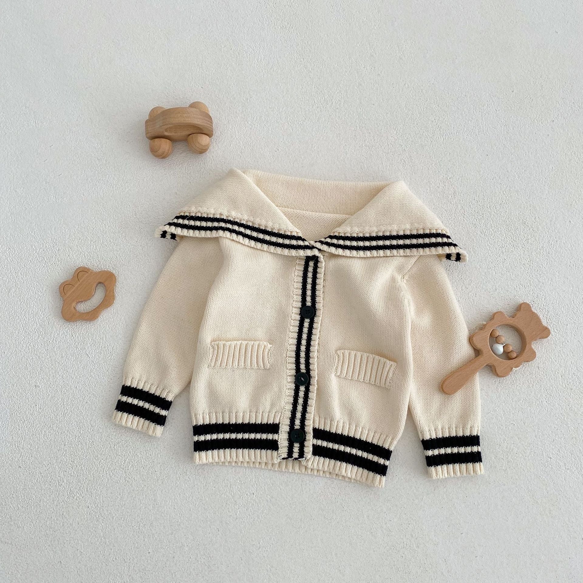 Baby Solid Color Sailor Style Knitted Lapel Cardigan & Jumpsuit Outfits My Kids-USA