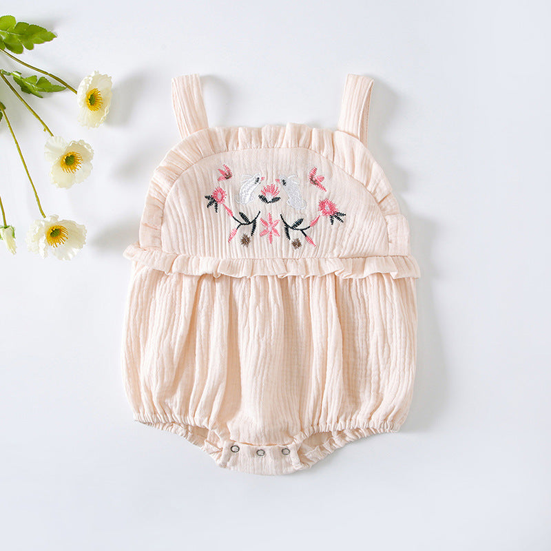 Baby Girl Floral Embroidered Pattern Lace Design Solid Color Sleeveless Onesies In Summer My Kids-USA
