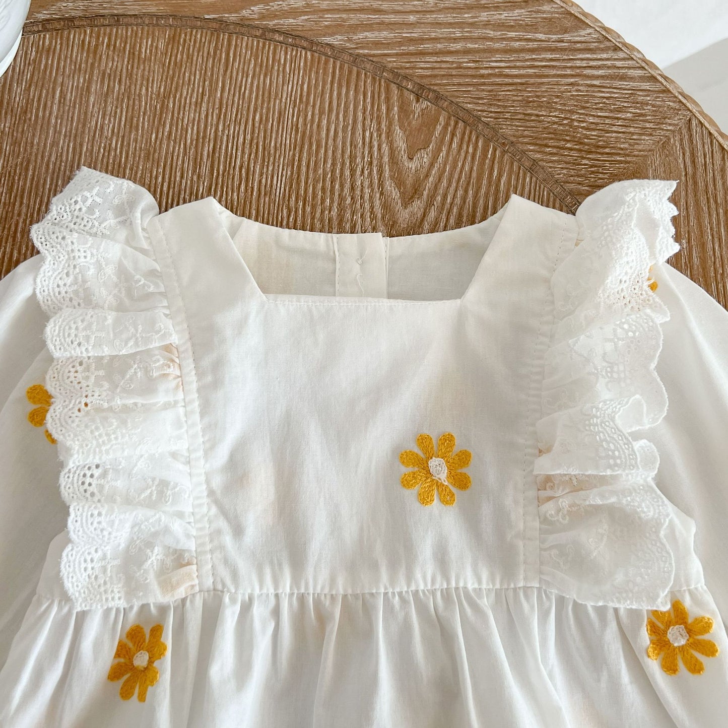 Baby Floral Embroidered Pattern Ruffle Design Square Collar Onesie My Kids-USA