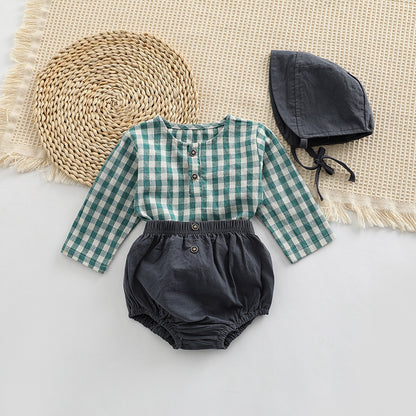 Baby Plaid Graphic Tops And Solid Shorts With Hat 1Pieces Sets My Kids-USA