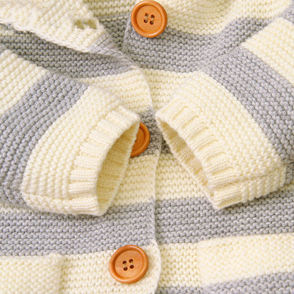 Baby Striped Pattern Button Front Knitted Cardigan With Cartton Hat My Kids-USA