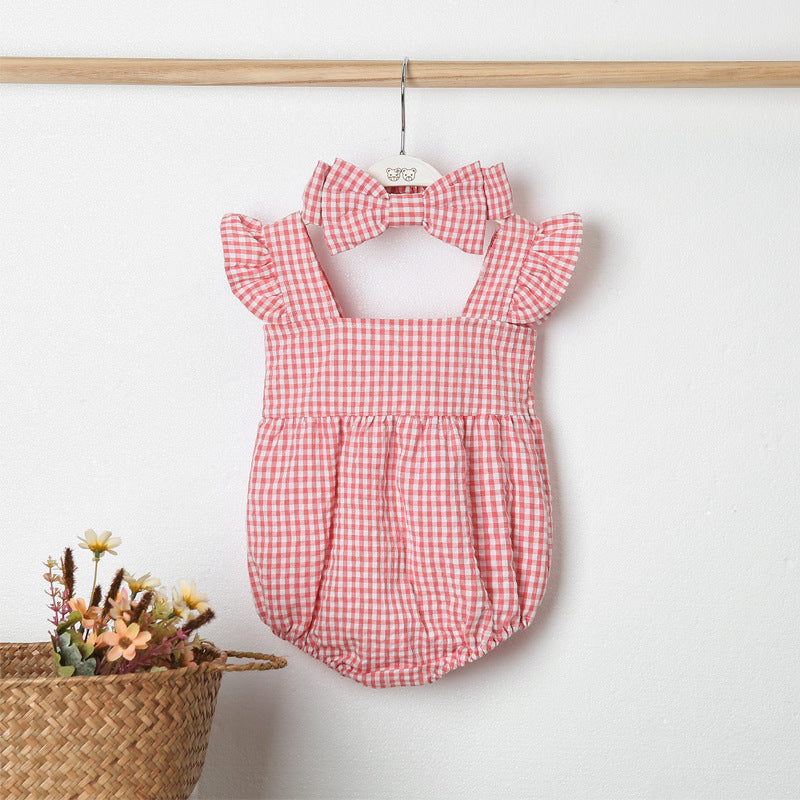 Baby Girls Plaid Pattern Ruffle Design Square-Collar Onesies With Bow Decoration