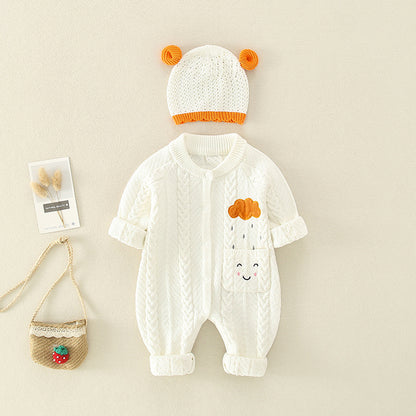 Baby Solid Color Cartoon Embroidered Design Crochet Knit Romper