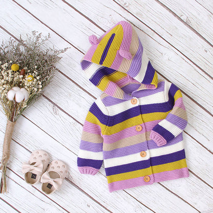 Baby Colorful Striped Pattern Button Front Knitted Cardigan With Hat My Kids-USA