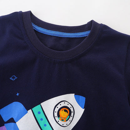 Baby Boy Rocket Print Pattern Crewneck Fashion Cotton T-Shirt