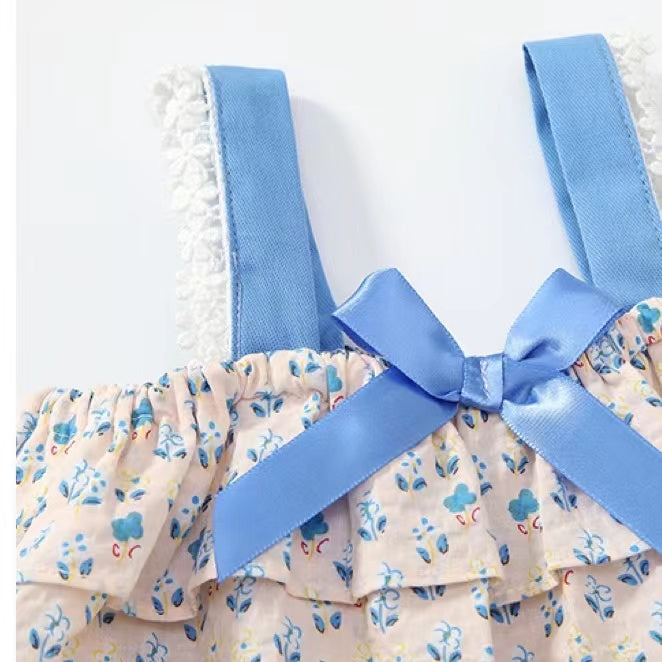 Baby Girl Floral Graphic Bow Tie Patched Design Lace Sling Tops Combo Solid Blue Shorts Sets My Kids-USA