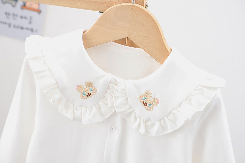 Baby Girl Solid Color Rabbit Print Single Breasted Design Doll-Neck Long-Slleved Shirt My Kids-USA