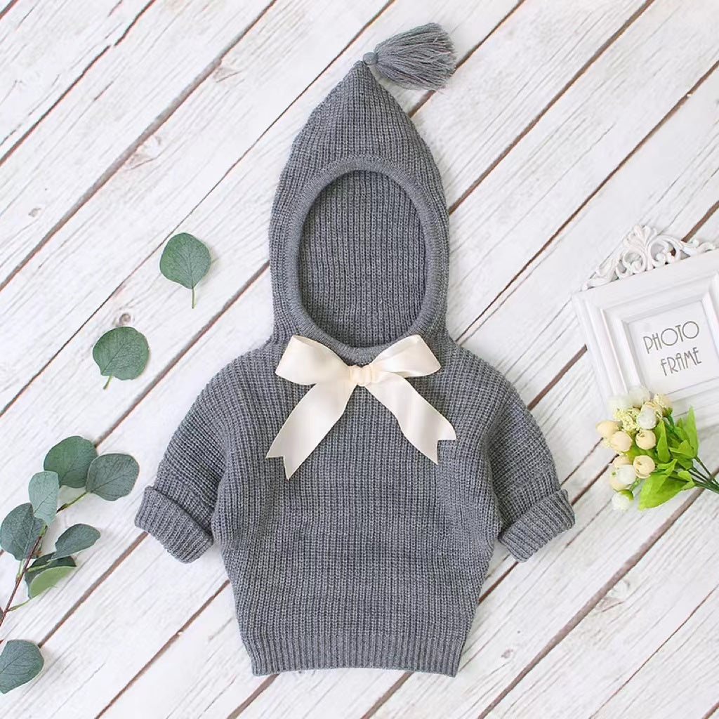Baby Girl Solid Color Bow Tie Patched Design Simply Style Knitted Hoodies Sweater My Kids-USA
