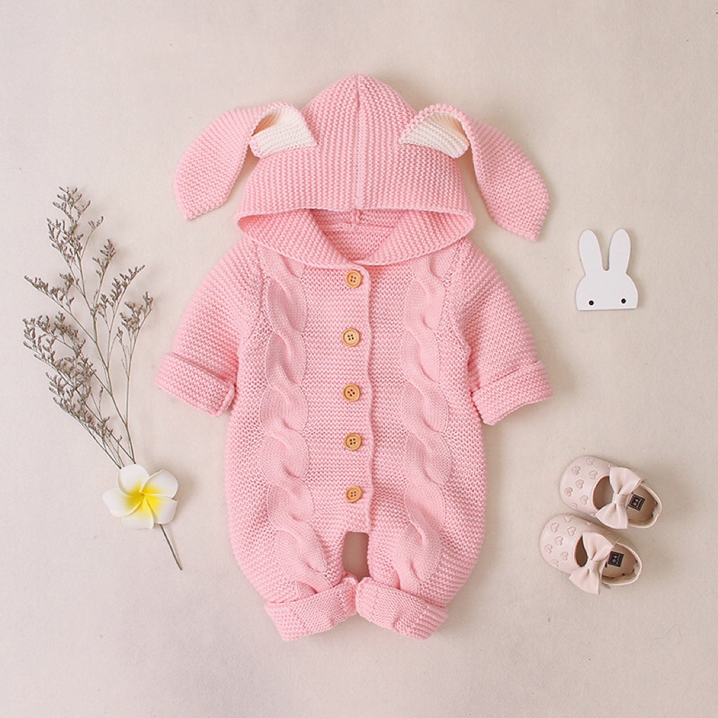 Baby Solid Color Crochet Knitted Graphic 3D Bunny Ears Patched Design Romper Jumpsuit My Kids-USA