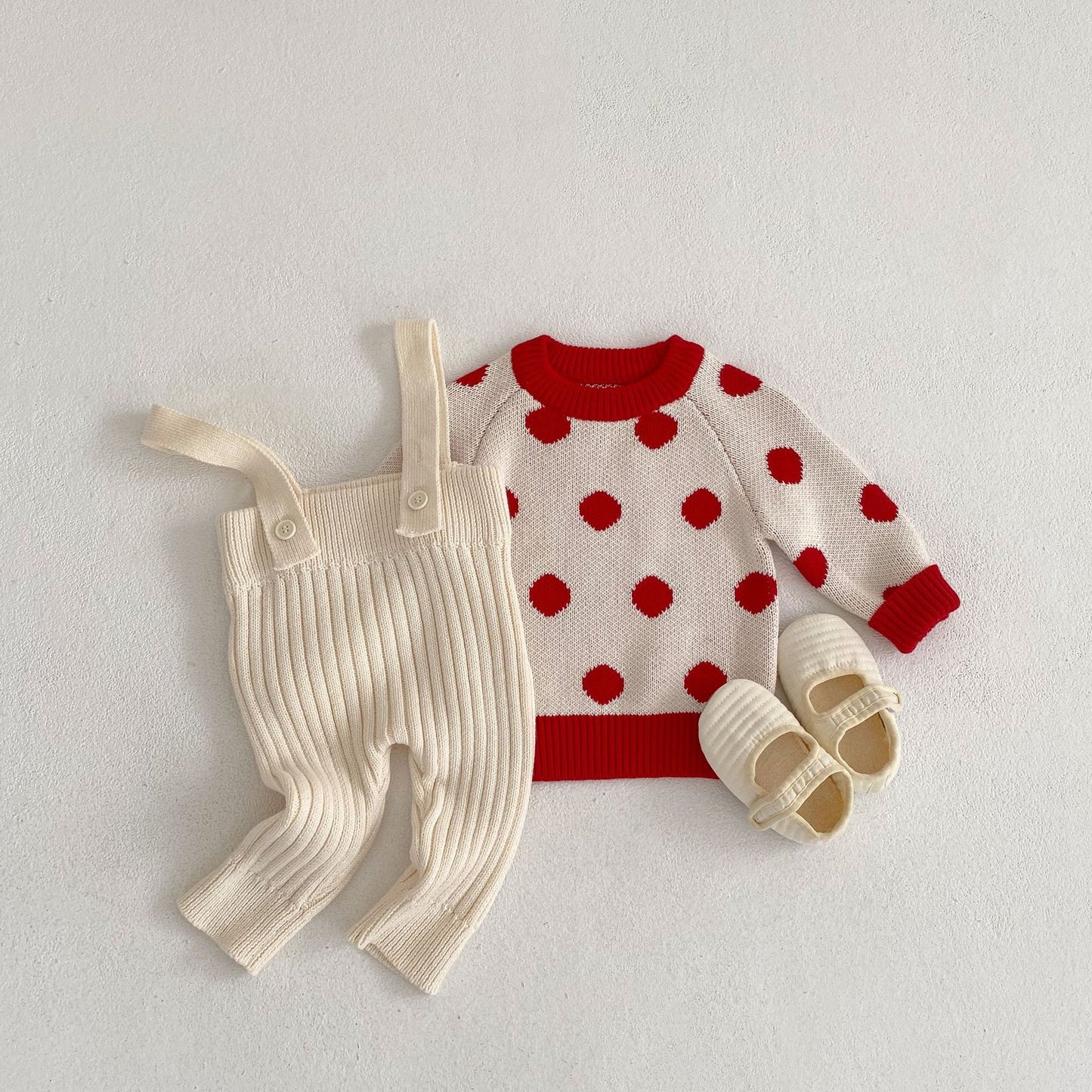 Baby Solid Color Jumpsuit With Dot Graphic Crewneck Sweater