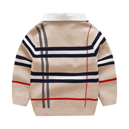 Baby Boy Striped Pattern False 1 Pieces Sweater With Detachable Shirt Neck My Kids-USA