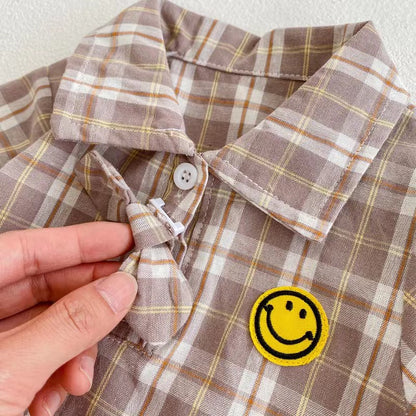 Baby Boy Smiley Patched Pattern Plaid Graphic Bow Tie Decoration Lapel Onesies My Kids-USA