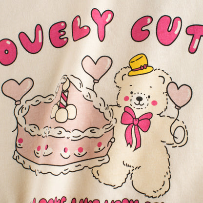 Baby Girl Lovely Cake Bear Print Color Matching Sleeves Design Summer T-Shirt