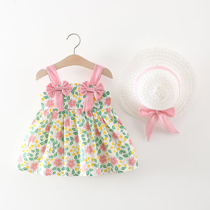Baby Girl Flower Pattern Bow Patched Design Beautiful Dress