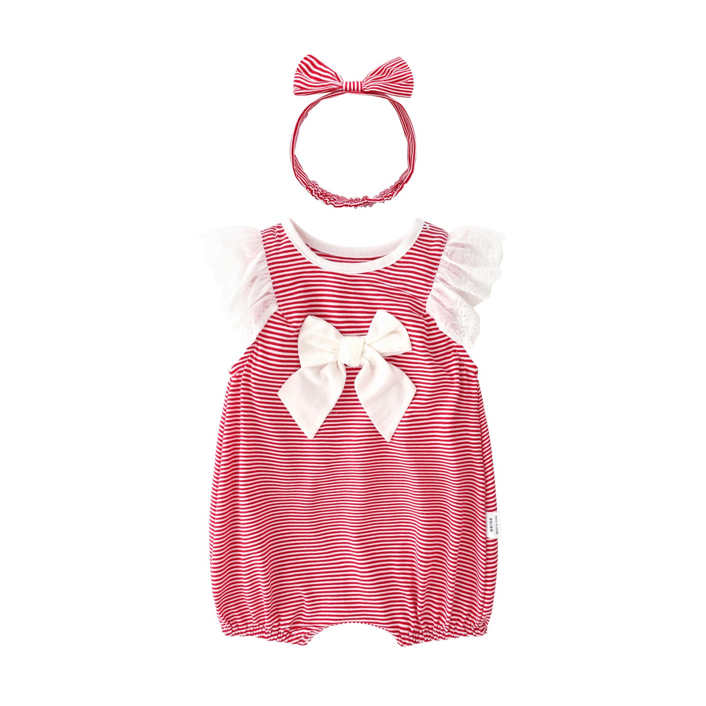 Baby Girl Striped Pattern Ruffle Design Short Sleeve Rompers With Bow Decoration And Handband My Kids-USA