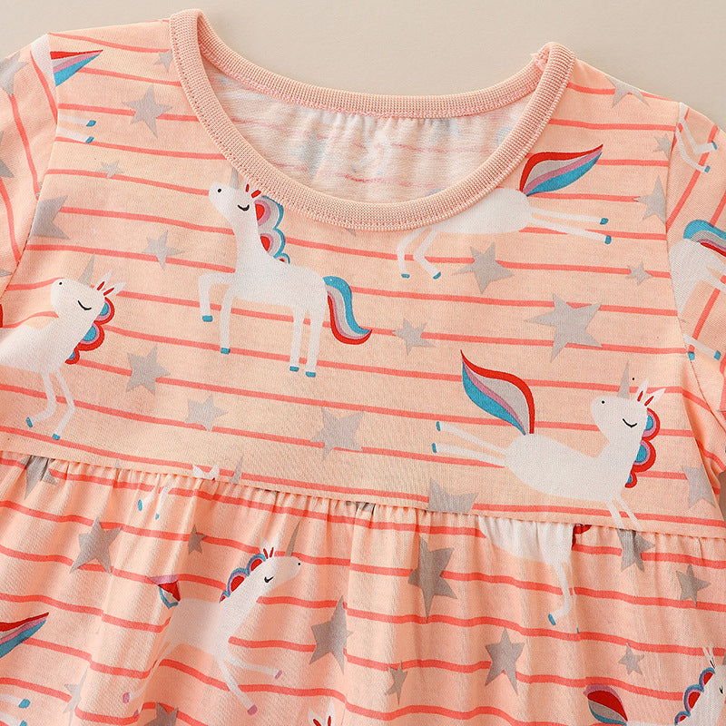 Baby Girl Striped And Unicorn Print Pattern A-Line Design Dress My Kids-USA