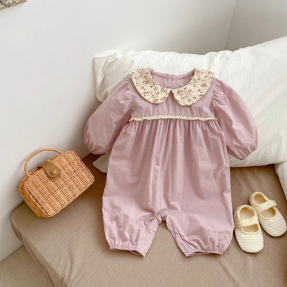 Baby Solid Color Doll Neck Mesh Patched Design Romper