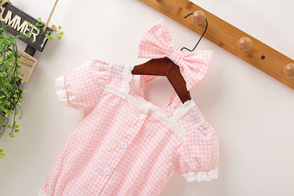 Baby Girl Plaid Pattern Lace Patchwork Design Bubble Short-Sleeved Onesies With Buttons My Kids-USA
