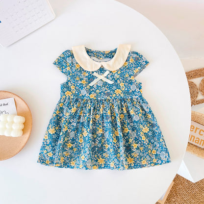 Baby Girls Floral Print Backless Design Doll-Neck Dress With Bow Decoration My Kids-USA