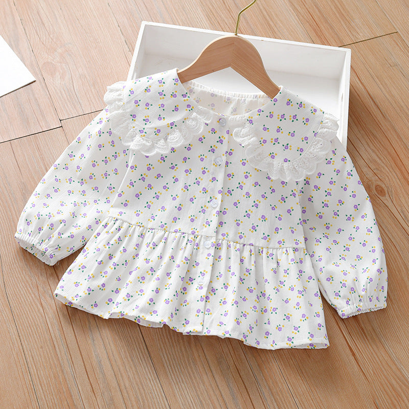 Baby Girl Ditsy Flower Graphic Doll Neck Single Breasted Design Fashion Baby Blouse My Kids-USA