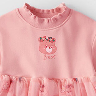 Baby Girl Cartoon Bear Print Pattern Mesh Patched Design Fleece Dress My Kids-USA