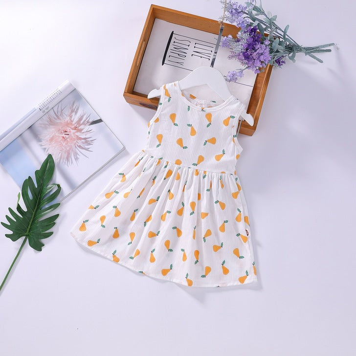 Baby Girls Floral Print Sleeveless Round Collar Dress In Summer