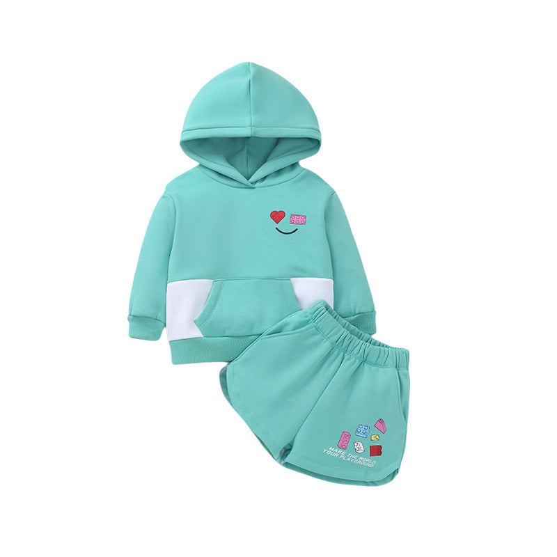 Baby Girl Letter Print Pattern Colorblock Design Hoodies With Shorts 2 Pieces Sets My Kids-USA