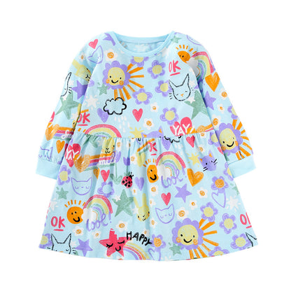 Baby Girl Cartoon Animal Rainbow Print Pattern Loose Cotton Dress My Kids-USA