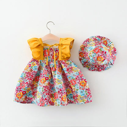 Baby Girl Flower Pattern Butterfly Sleeve Design Cute Dress With Hat