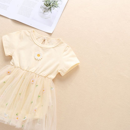 Baby Girl Embroidery Daisy Short-Sleeved Round Collar Dress My Kids-USA