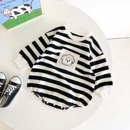 Baby Girl Cloudy Pattern Round Collar Long-Sleeved Strips Onesies