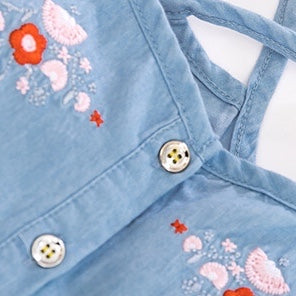 Baby Girl Flower Embroidered Graphic Button Front Denim Sleeveless Dress My Kids-USA