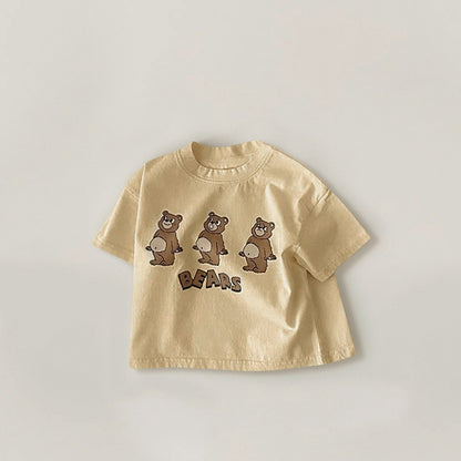 Baby Boys And Girls Three Bears Pattern Print Round Cotton Short Sleeved Lovely Top In Summer Outfit Wearing