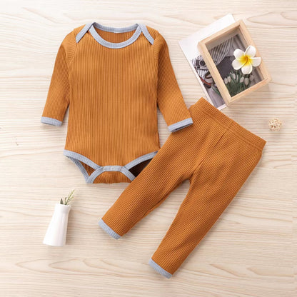 Baby Ribbed Knitted Pattern Solid Color Onesies Combo Trousers Sets Pajamas My Kids-USA