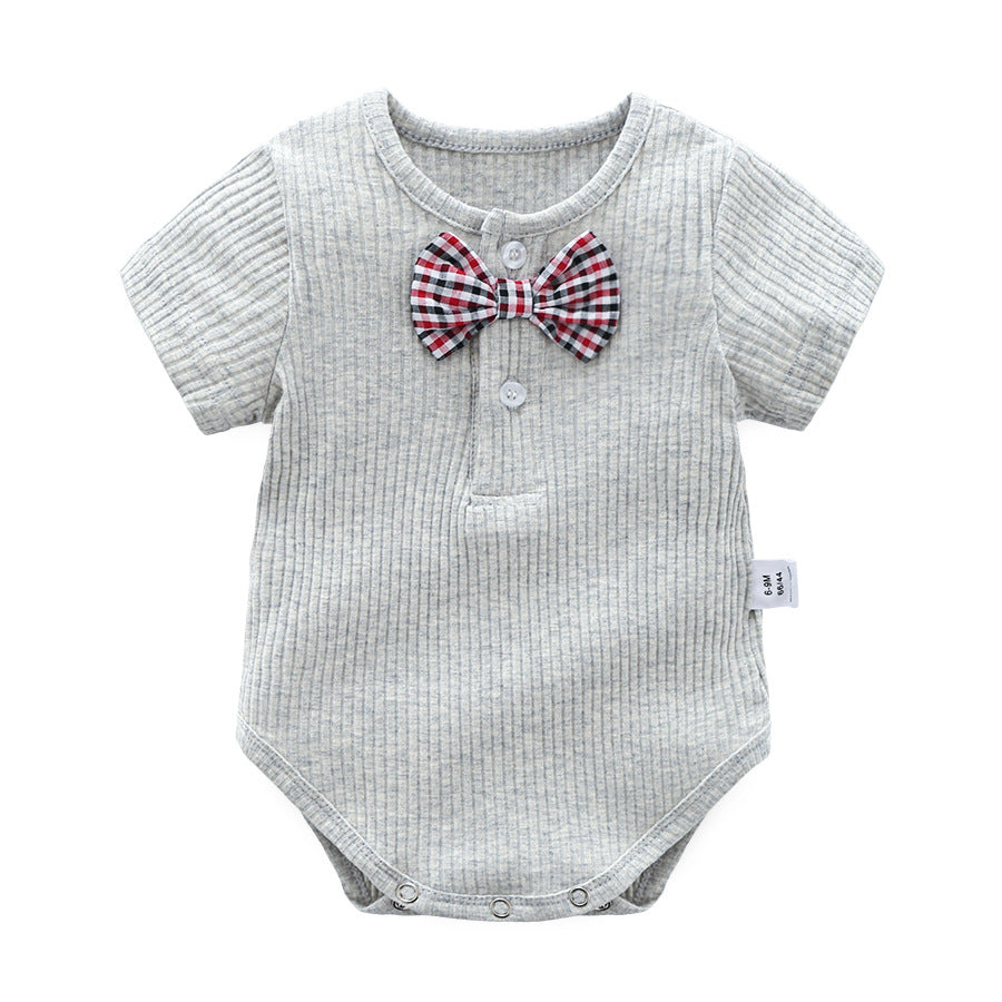 Baby Boy And Girl Solid Color Bow Tie Design Short Sleeve Buttoned Onesies