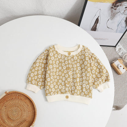 Baby Girl Daisy Pattern Single Breasted Design Puff Sleeve Sweet Cardigan My Kids-USA