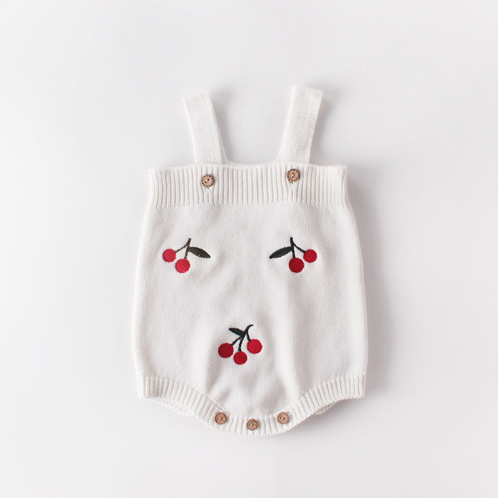 Baby Girl 1pc Cherry Embroidered Graphic Crotch Knitted Bodysuit & Button Front Sweater Coat Sets My Kids-USA
