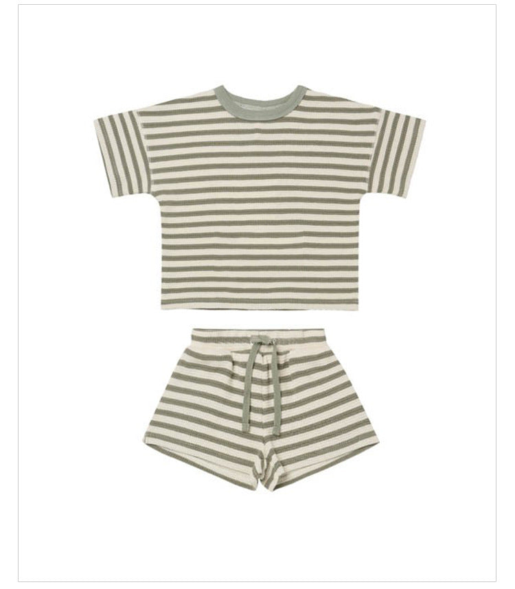 Baby Striped Pattern Color Matching Design Round Collar Short-Sleeved Top Combo Shorts Soft Sets My Kids-USA