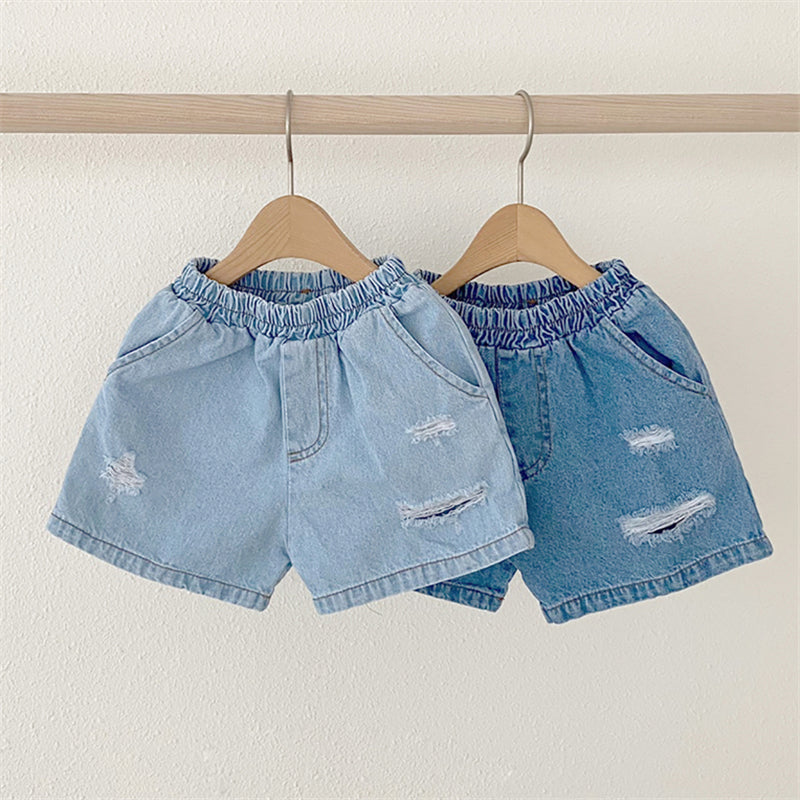 Pantalones cortos de mezclilla elásticos rasgados para bebés y niñas en trajes de verano 