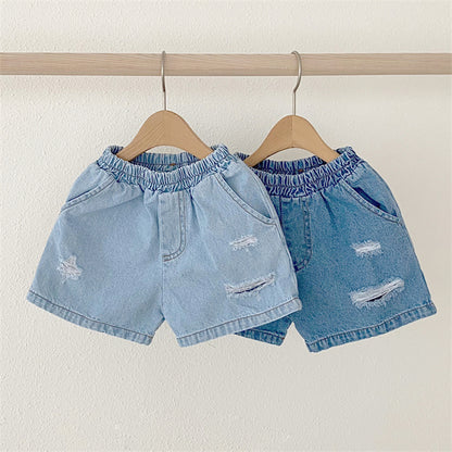 Pantalones cortos de mezclilla elásticos rasgados para bebés y niñas en trajes de verano 